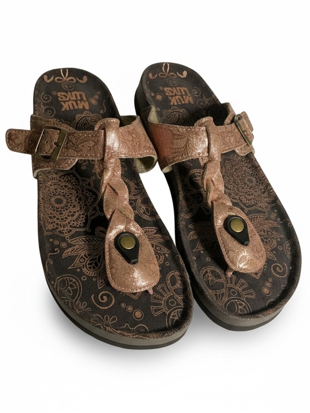 Muk Luks Womens 10 Rose Gold Metallic Braided Thong Buckle Slide Comfort Sandals - Picture 2 of 8